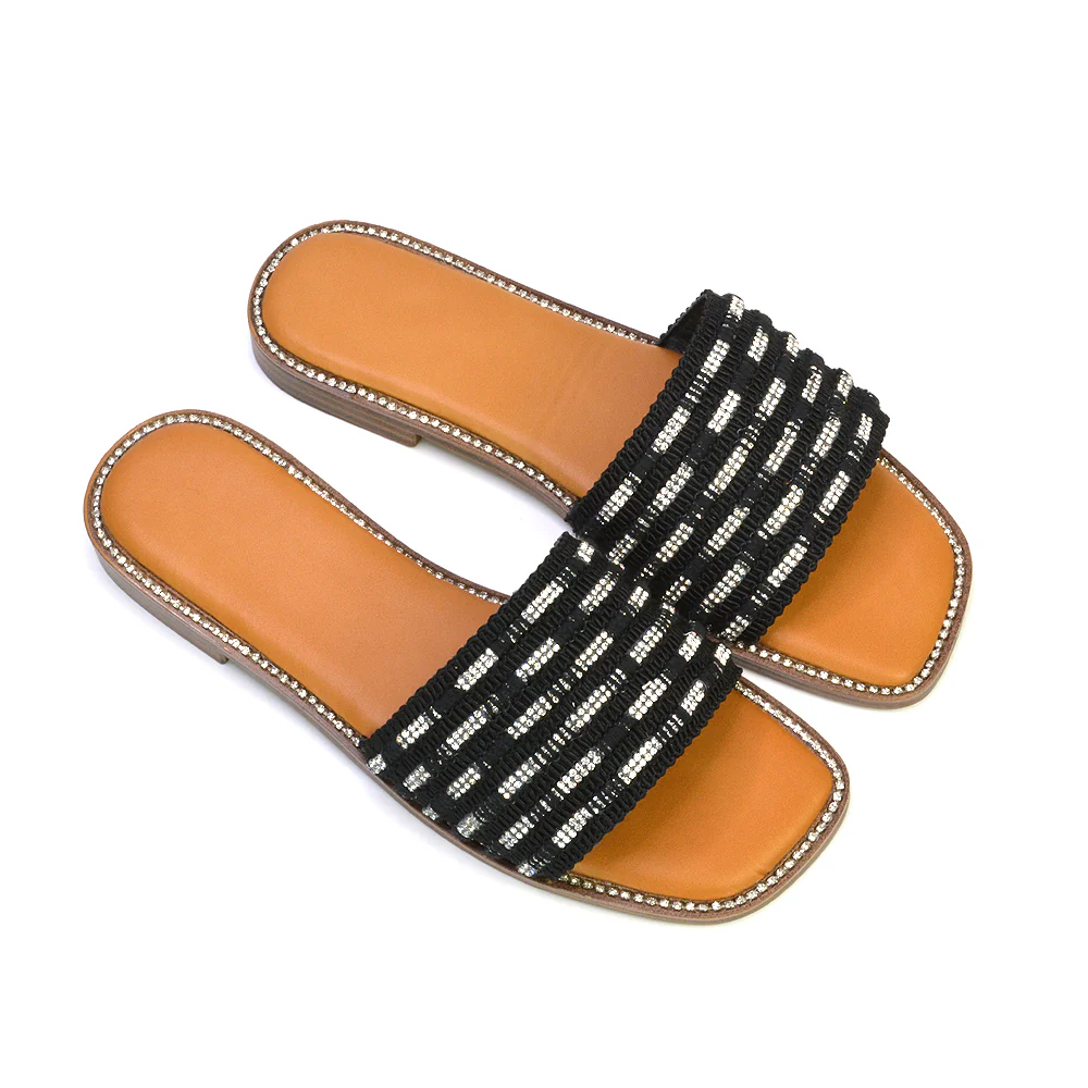 Alba Diamante Material Strap Square Toe Flat Sandals in Black - Image 46