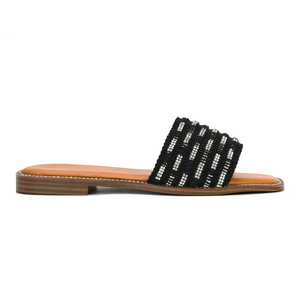 Alba Diamante Material Strap Square Toe Flat Sandals in Black - Image 53