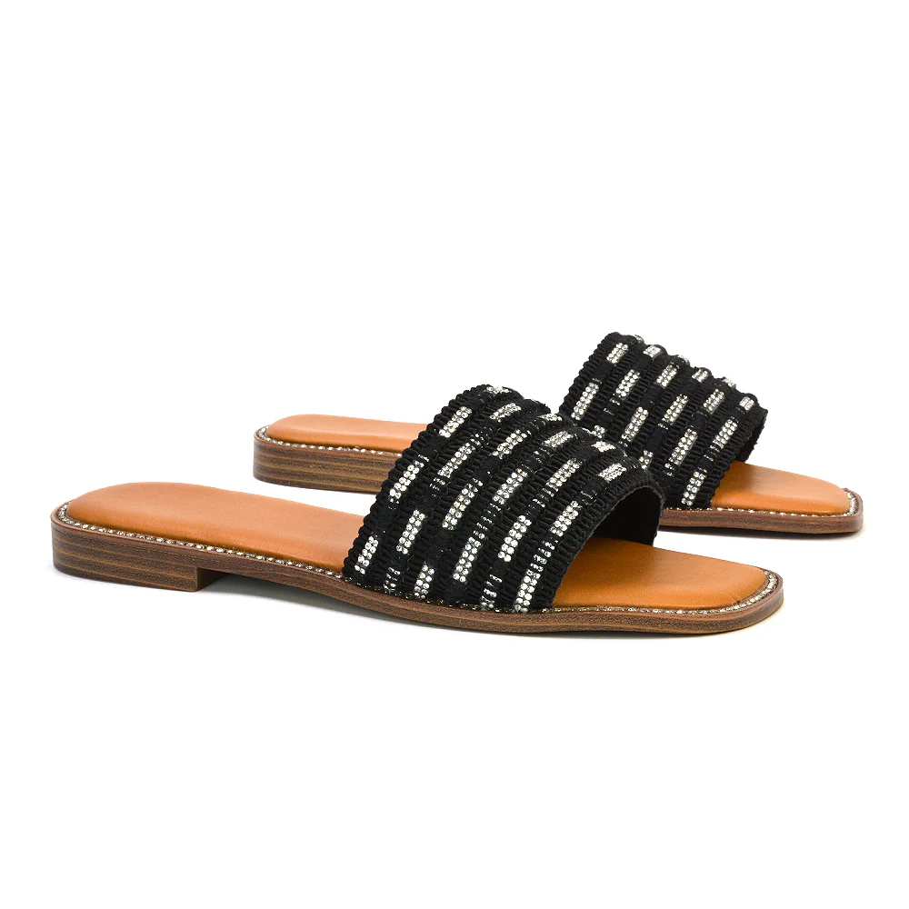 Alba Diamante Material Strap Square Toe Flat Sandals in Black - Image 60