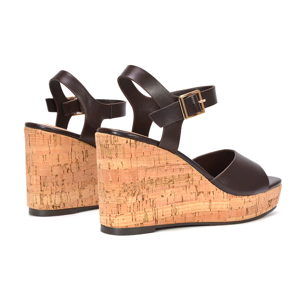 Alba Strappy Platform Cork Wedge Heel Sandals in Black Synthetic Leather - Image 11