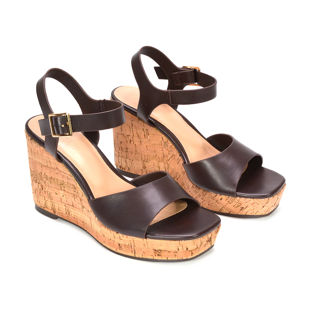 Alba Strappy Platform Cork Wedge Heel Sandals in Black Synthetic Leather - Image 12