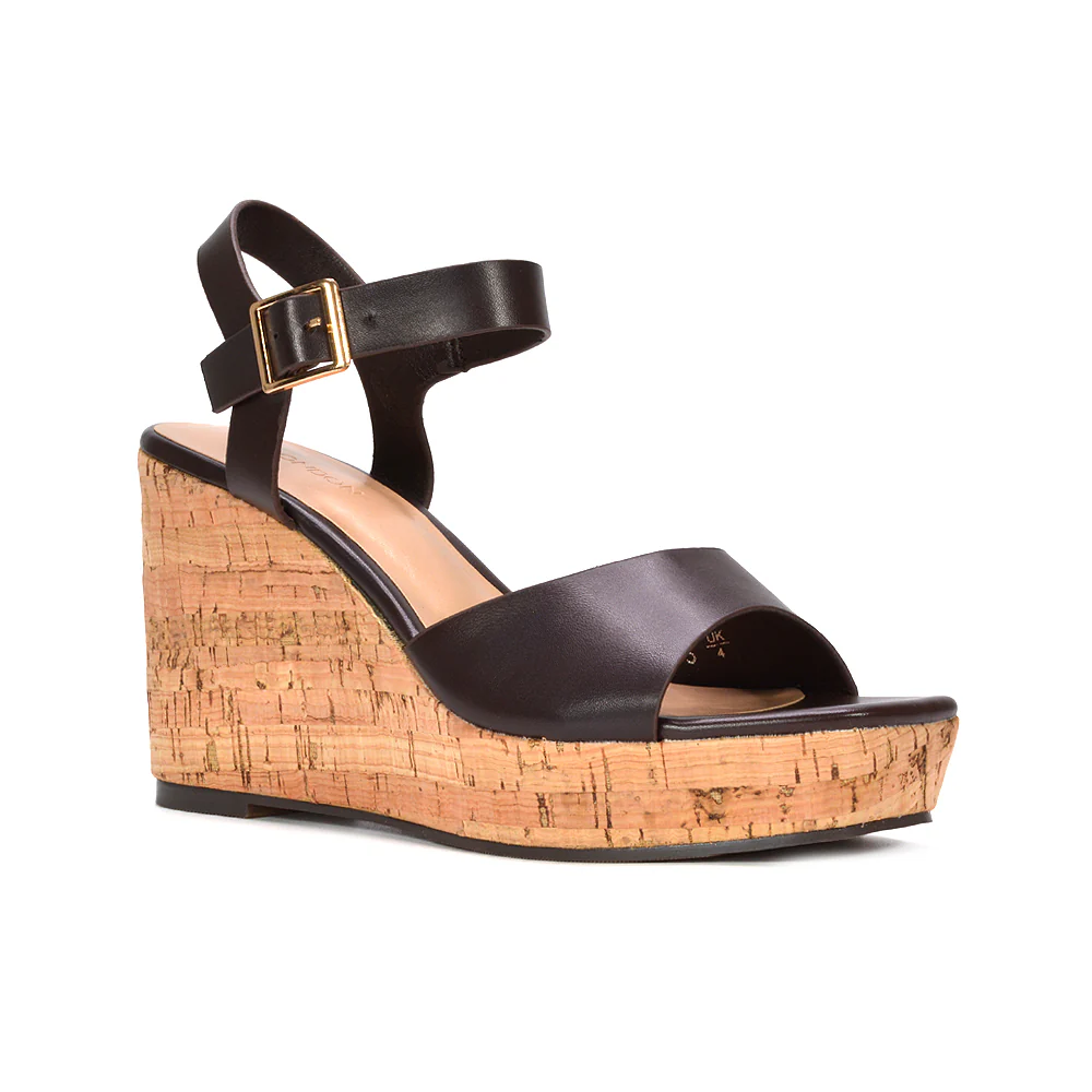Alba Strappy Platform Cork Wedge Heel Sandals in Black Synthetic Leather - Image 9