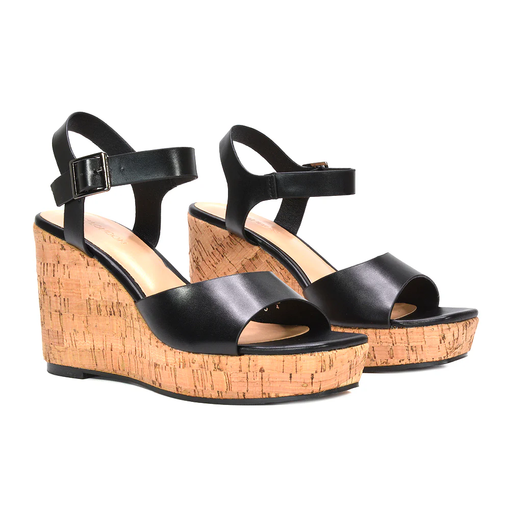 Alba Strappy Platform Cork Wedge Heel Sandals in Black Synthetic Leather - Image 4