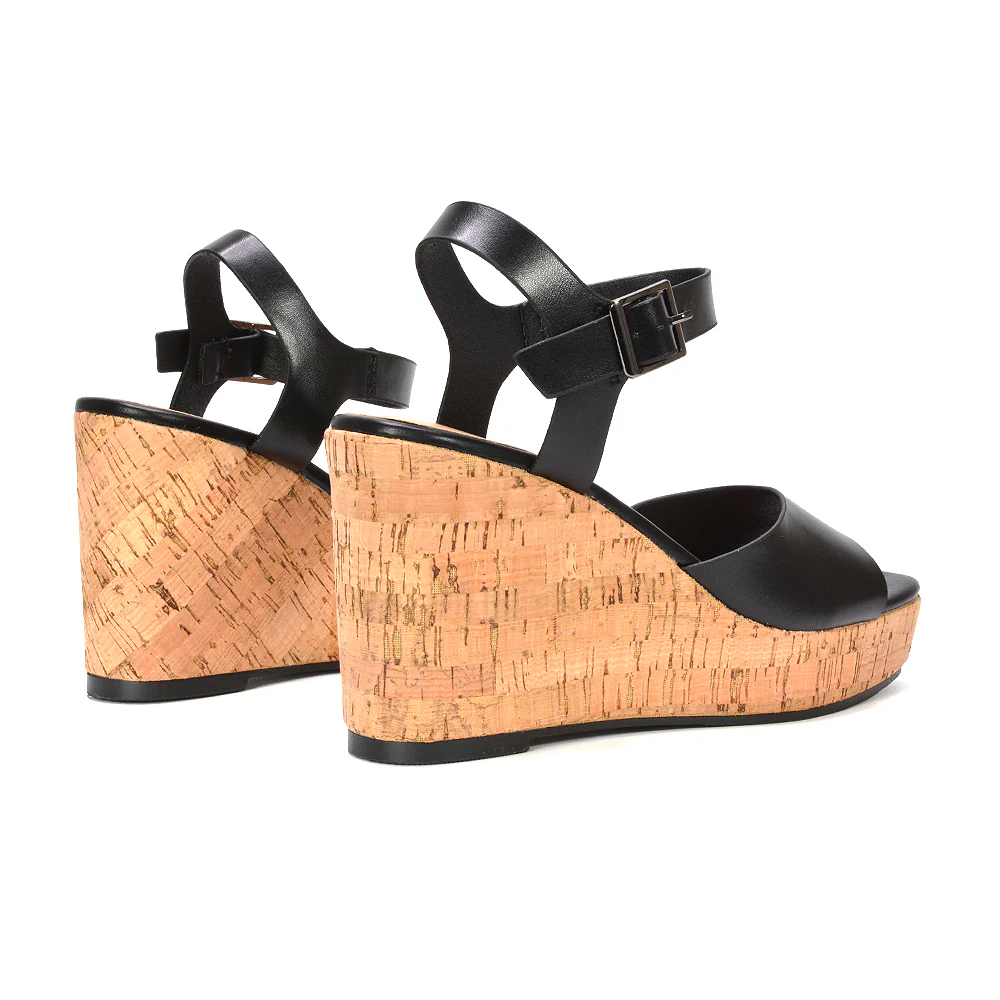 Alba Strappy Platform Cork Wedge Heel Sandals in Black Synthetic Leather - Image 5