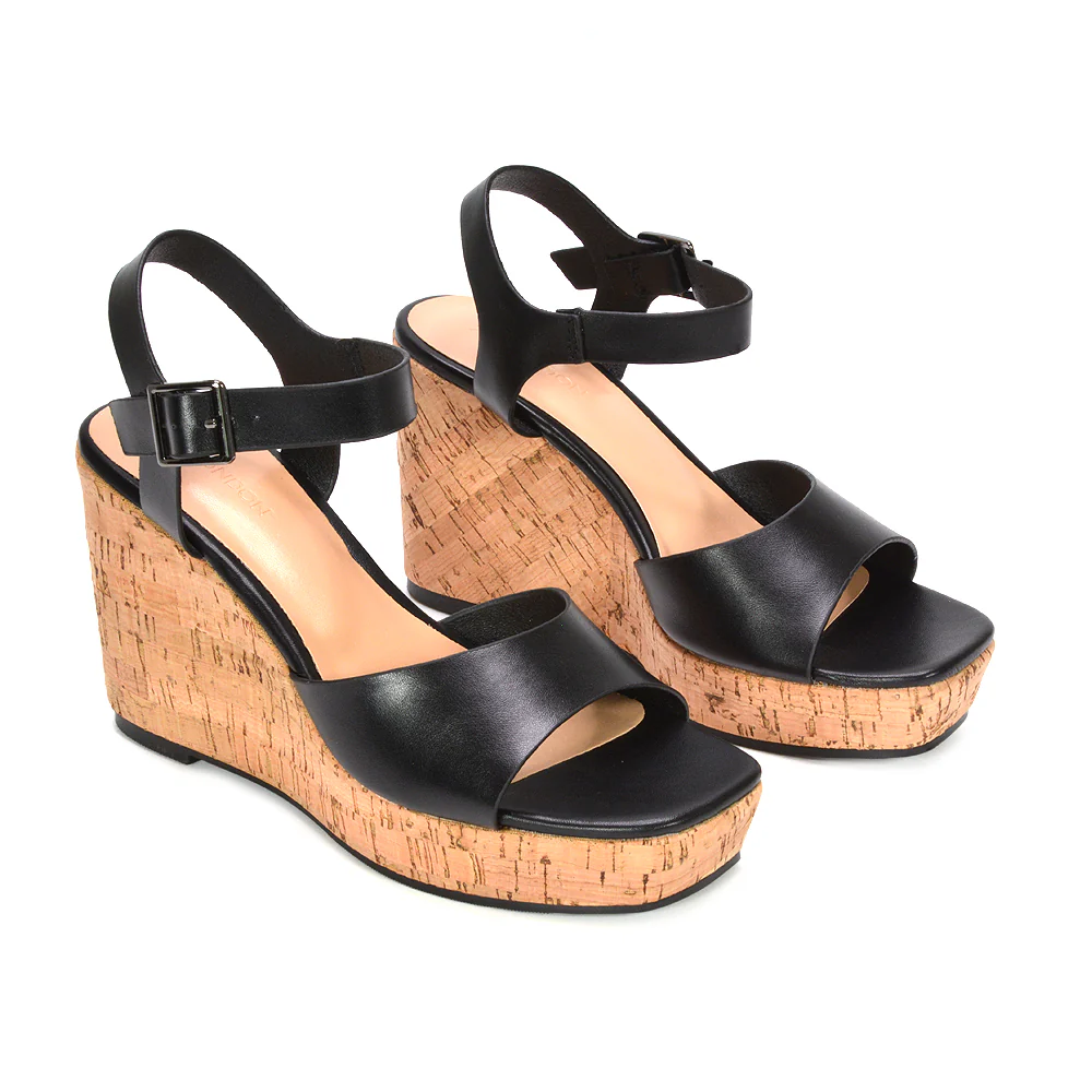 Alba Strappy Platform Cork Wedge Heel Sandals in Black Synthetic Leather - Image 6