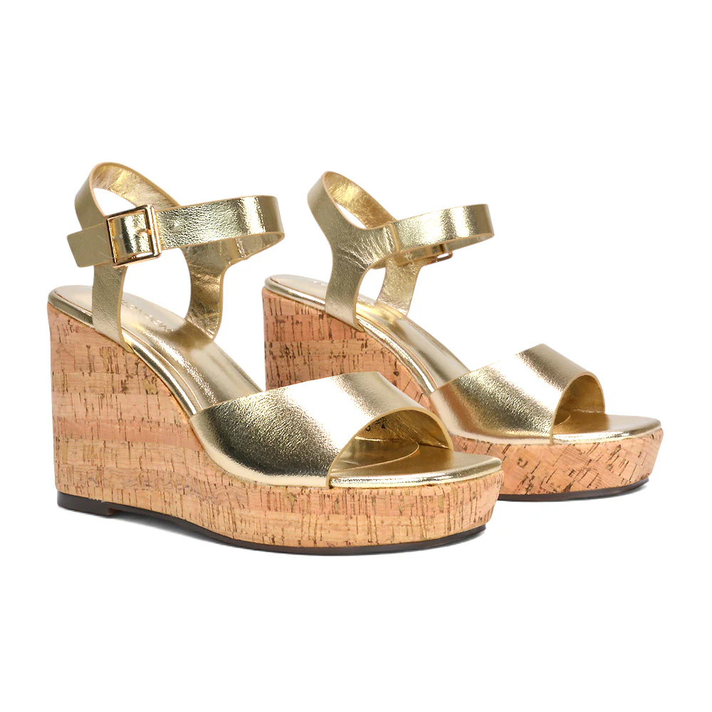 Alba Strappy Platform Cork Wedge Heel Sandals in Black Synthetic Leather - Image 16