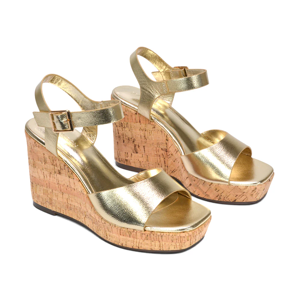 Alba Strappy Platform Cork Wedge Heel Sandals in Black Synthetic Leather - Image 18