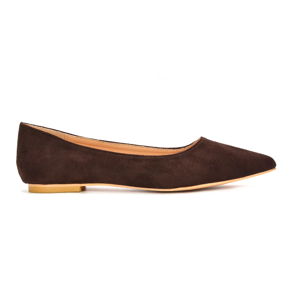 Alessia Pointed Toe Flat Ballerina Pumps in Brown Faux Suede - Image 5