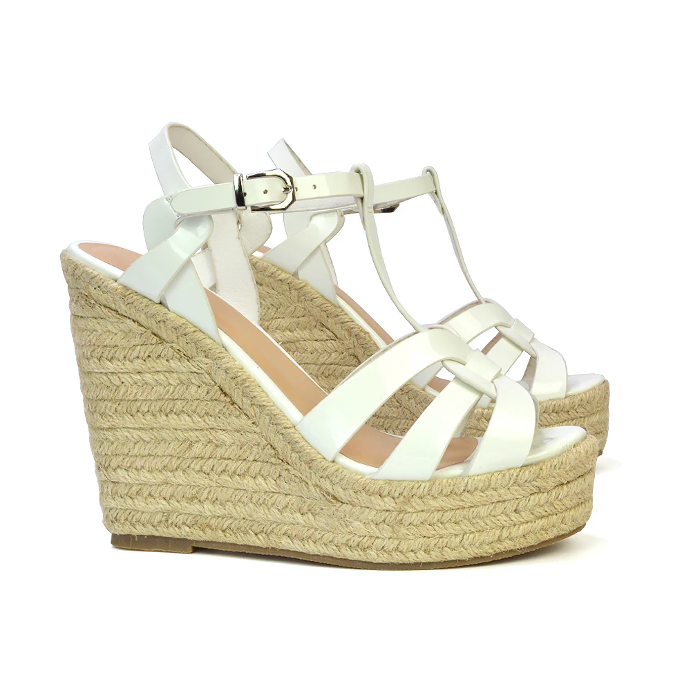 Alexis Strappy Espadrille Platform Wedge Heel Sandals in Black Patent - Image 10