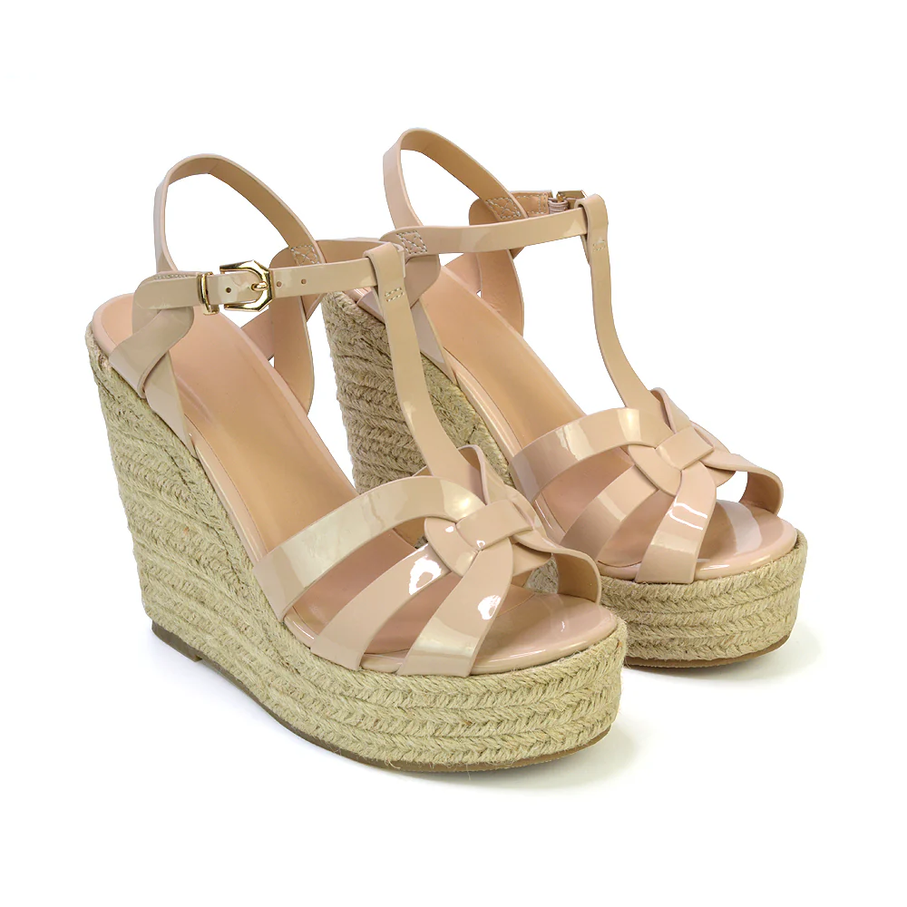 Alexis Strappy Espadrille Platform Wedge Heel Sandals in Black Patent - Image 13