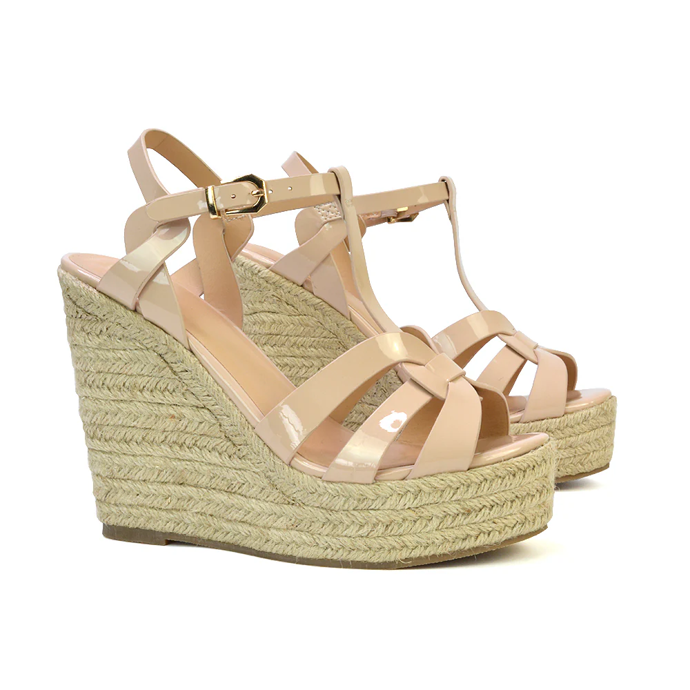Alexis Strappy Espadrille Platform Wedge Heel Sandals in Black Patent - Image 16