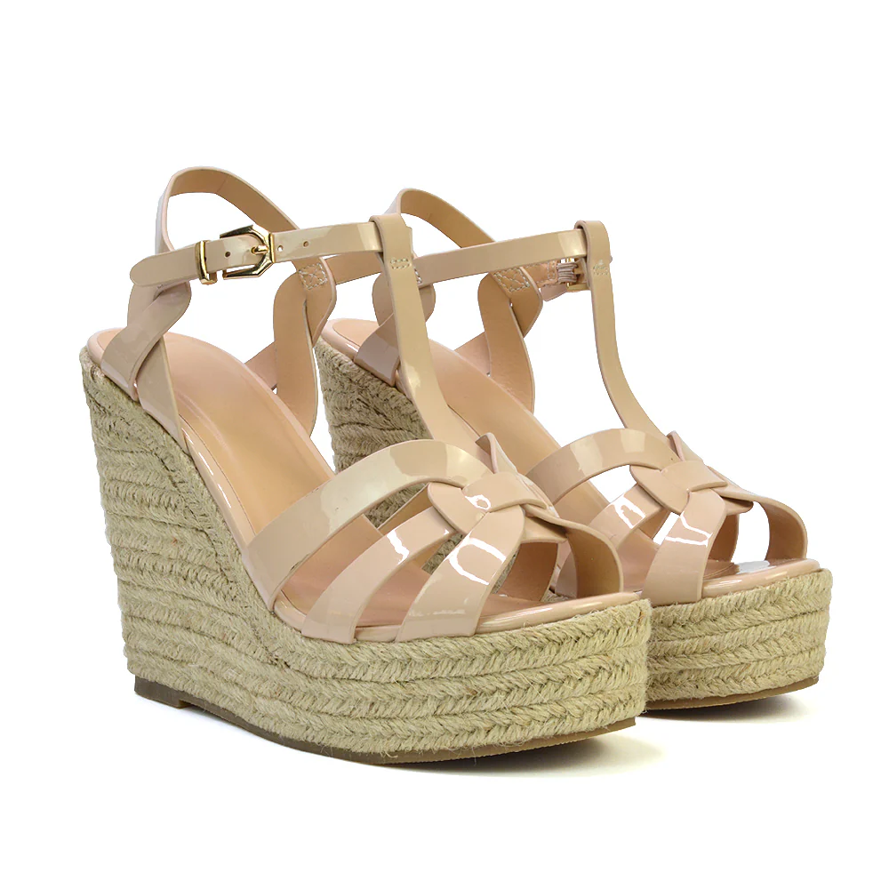 Alexis Strappy Espadrille Platform Wedge Heel Sandals in Black Patent - Image 17