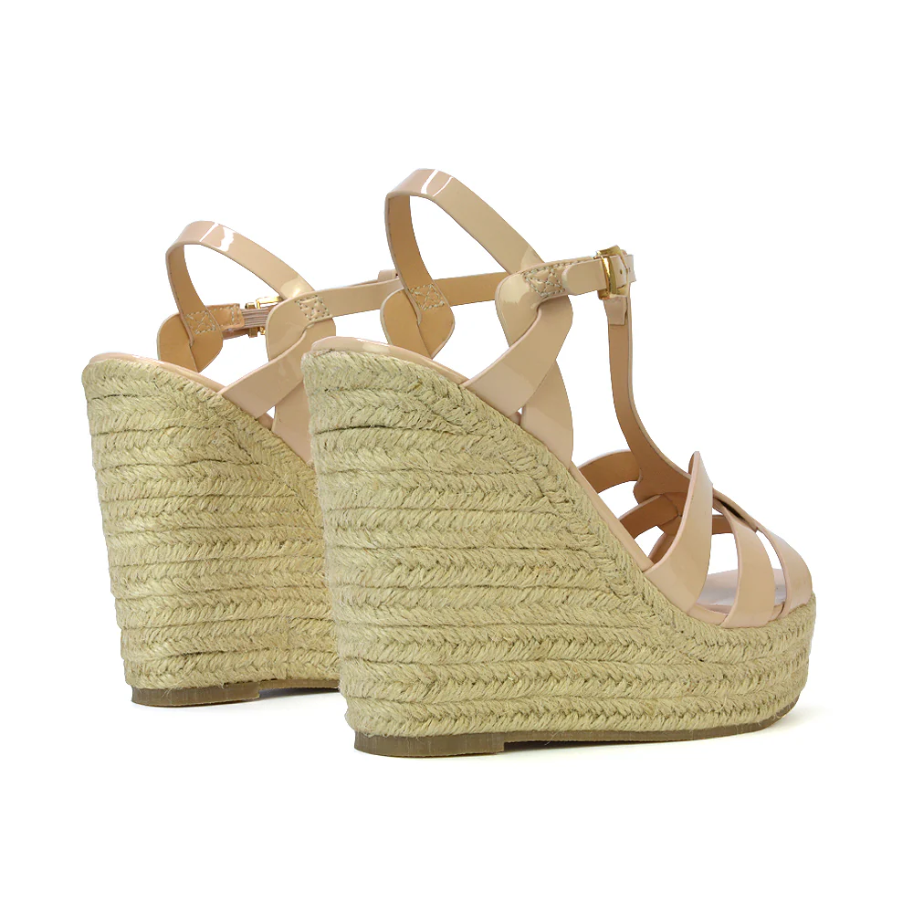 Alexis Strappy Espadrille Platform Wedge Heel Sandals in Black Patent - Image 18