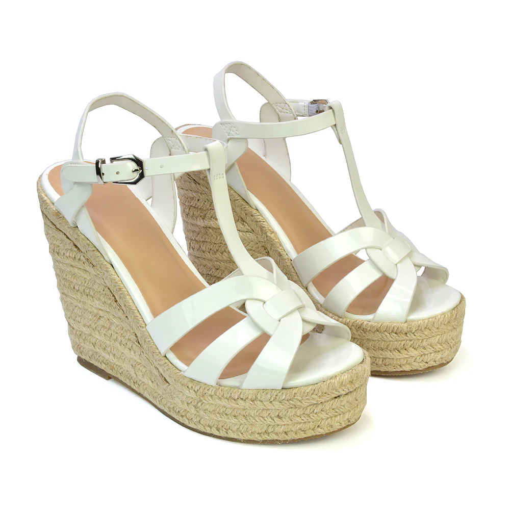 Alexis Strappy Espadrille Platform Wedge Heel Sandals in Black Patent - Image 7