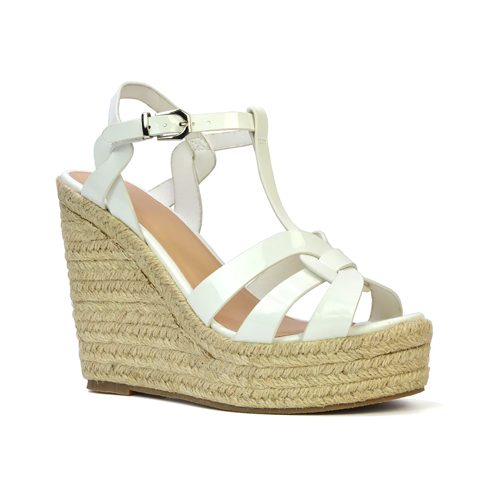 Alexis Strappy Espadrille Platform Wedge Heel Sandals in Black Patent - Image 8