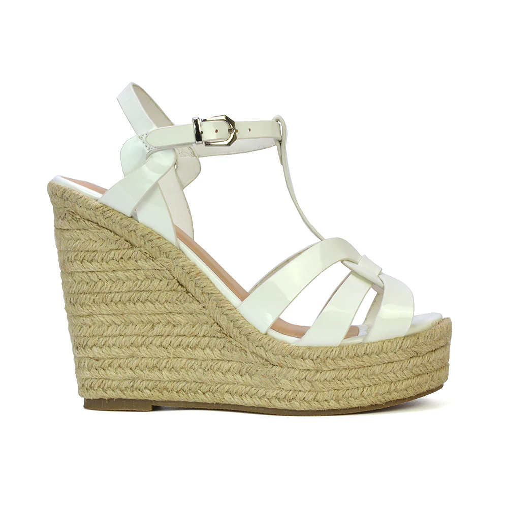 Alexis Strappy Espadrille Platform Wedge Heel Sandals in White Patent - Image 4