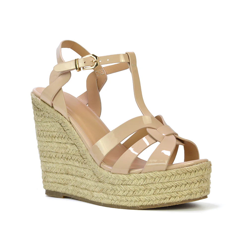 Alexis Strappy Espadrille Platform Wedge Heel Sandals in White Patent - Image 8