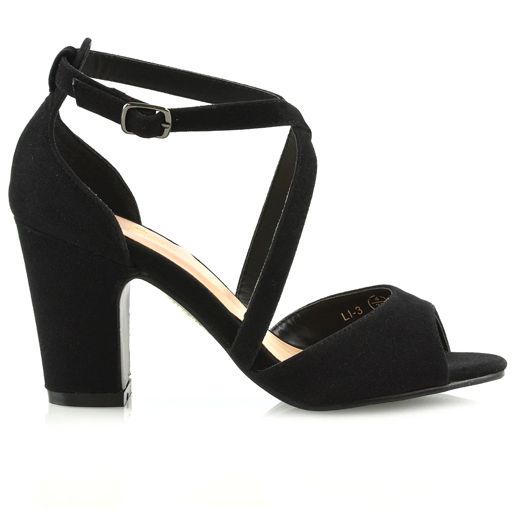 ALICE STRAPPY PEEP TOE MID BLOCK HIGH HEEL SANDAL SHOES IN BLACK FAUX SUEDE - Image 14