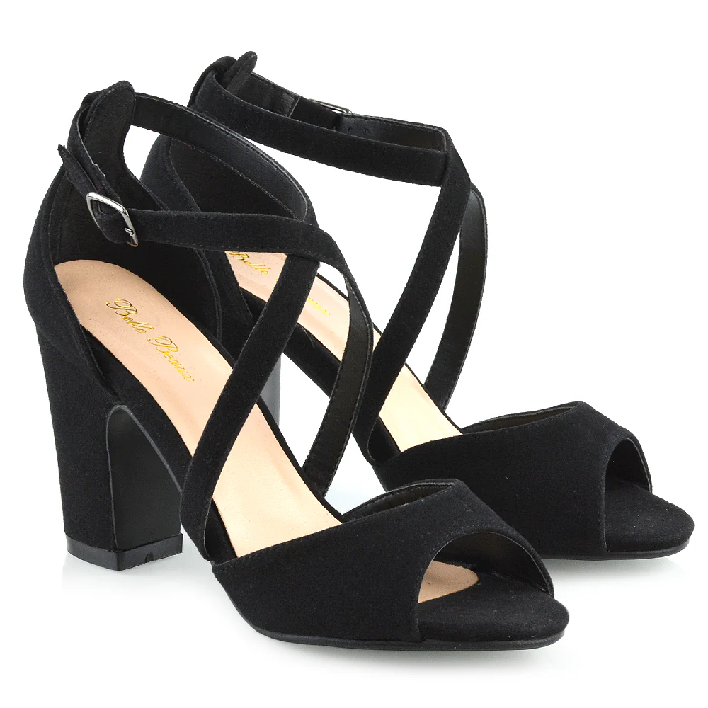 ALICE STRAPPY PEEP TOE MID BLOCK HIGH HEEL SANDAL SHOES IN BLACK FAUX SUEDE - Image 6