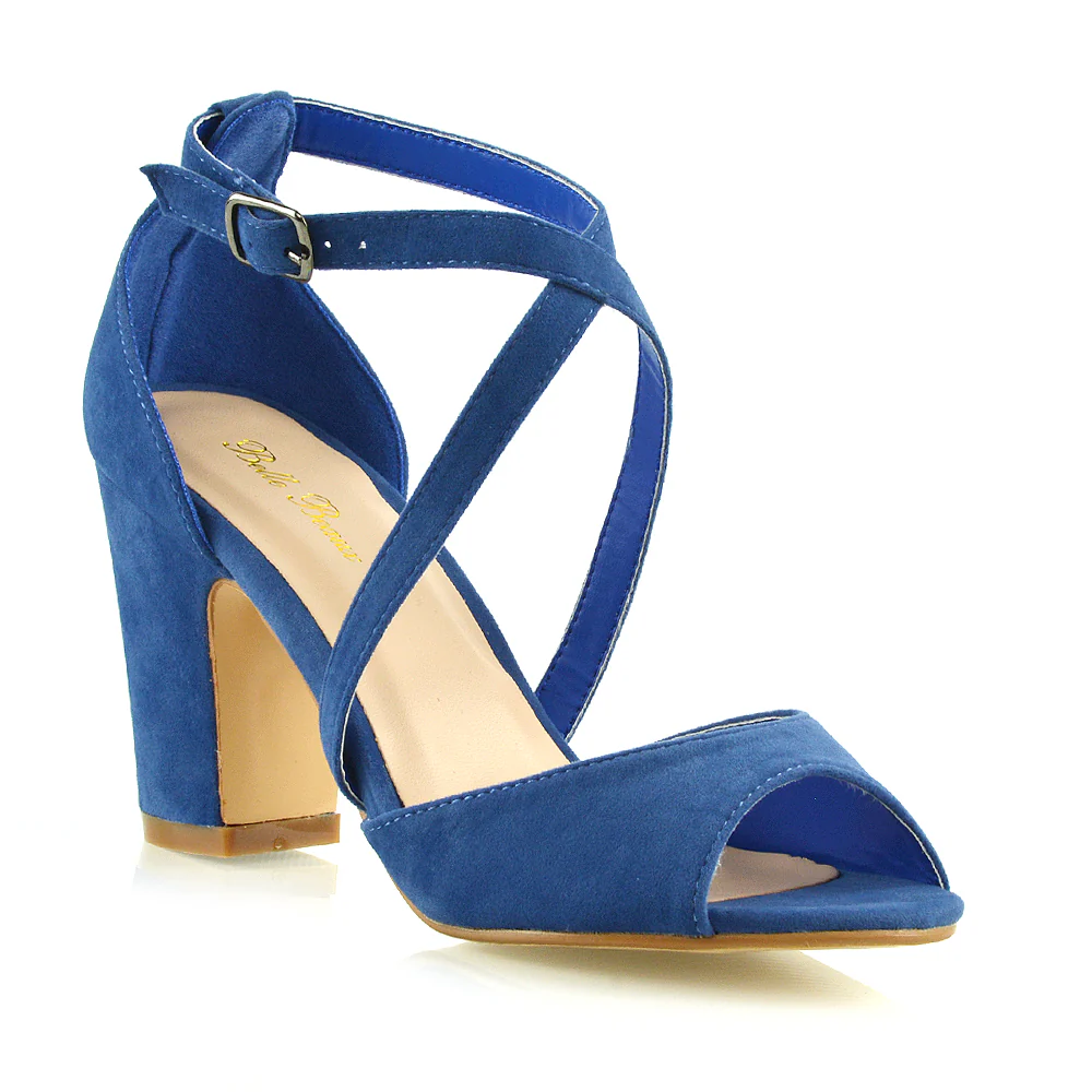 ALICE STRAPPY PEEP TOE MID BLOCK HIGH HEEL SANDAL SHOES IN NAVY FAUX SUEDE