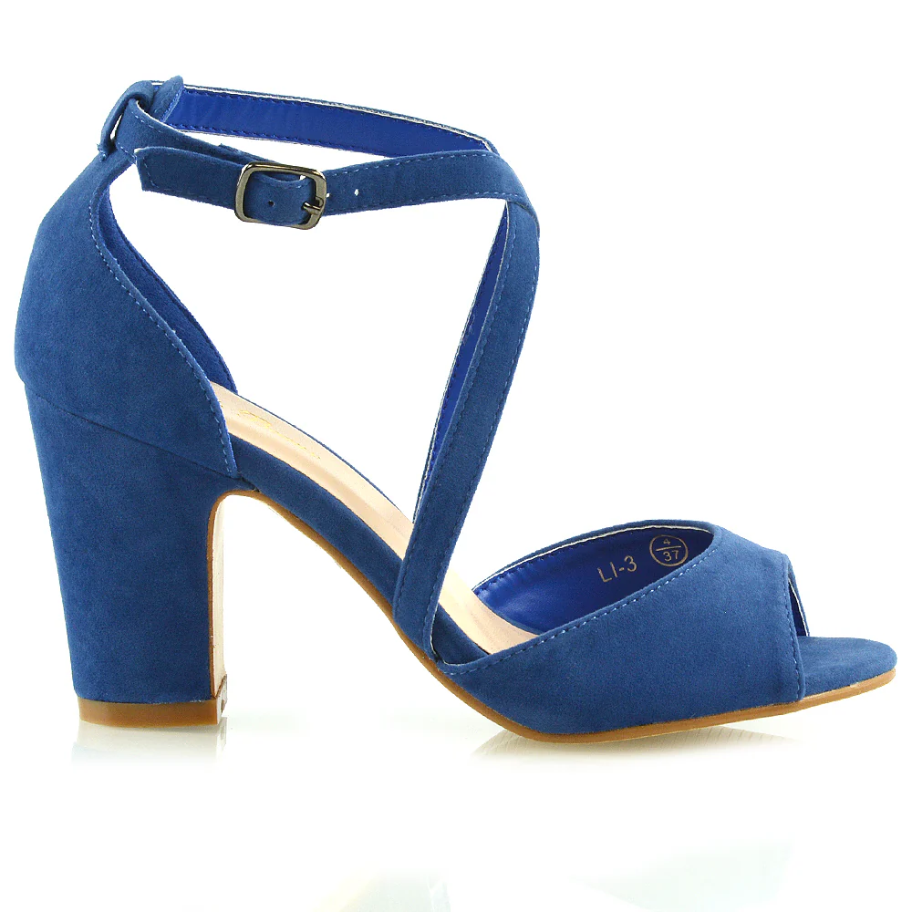 ALICE STRAPPY PEEP TOE MID BLOCK HIGH HEEL SANDAL SHOES IN NAVY FAUX SUEDE - Image 14