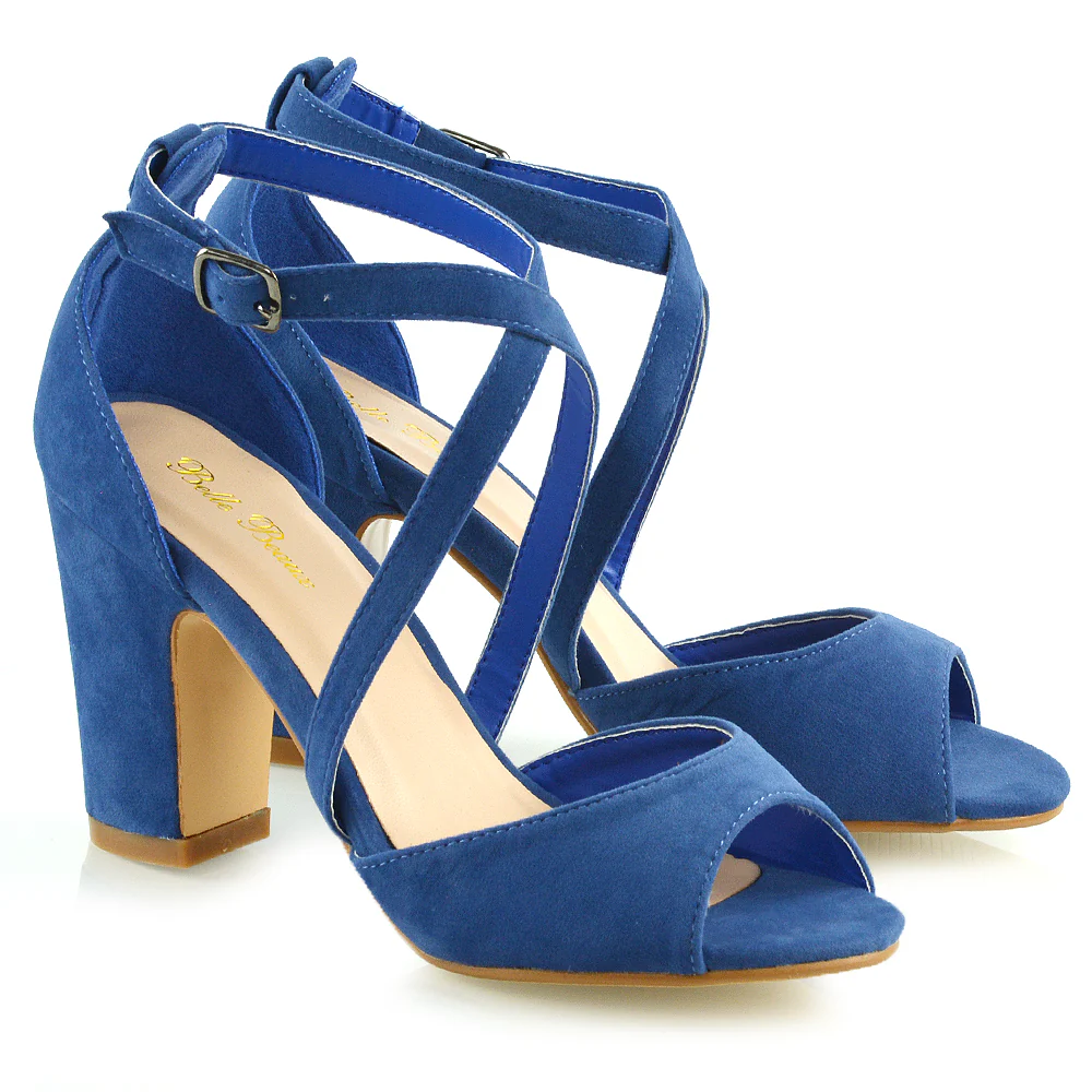 ALICE STRAPPY PEEP TOE MID BLOCK HIGH HEEL SANDAL SHOES IN NAVY FAUX SUEDE - Image 18