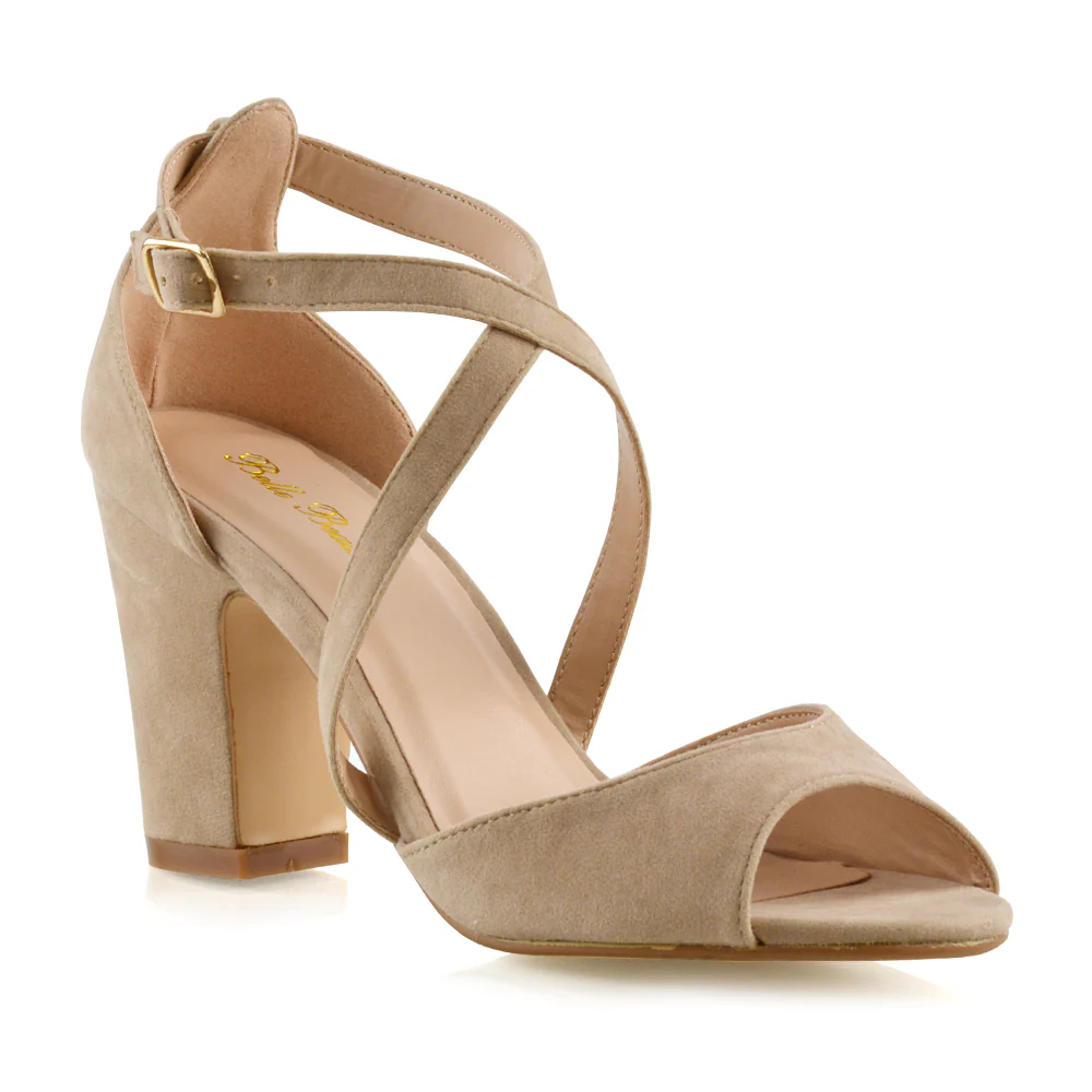 ALICE STRAPPY PEEP TOE MID BLOCK HIGH HEEL SANDAL SHOES IN NUDE FAUX SUEDE - Image 19