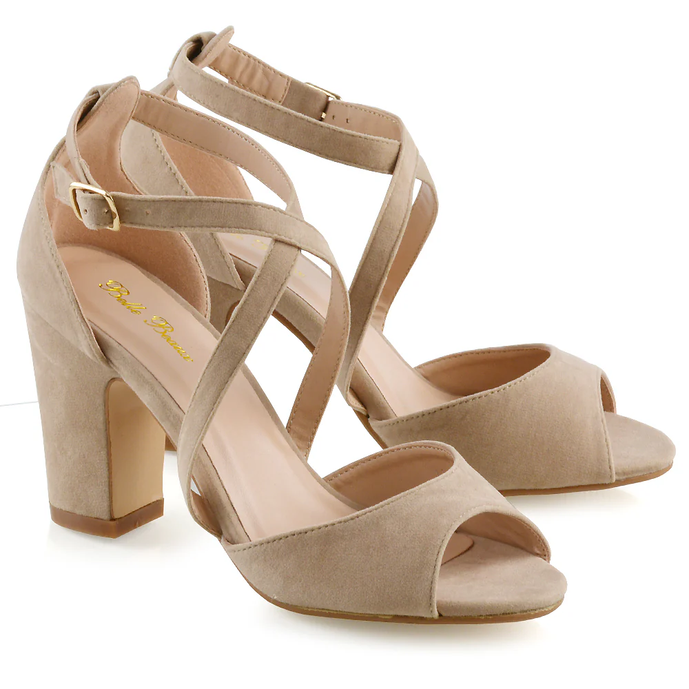 ALICE STRAPPY PEEP TOE MID BLOCK HIGH HEEL SANDAL SHOES IN NUDE FAUX SUEDE - Image 3