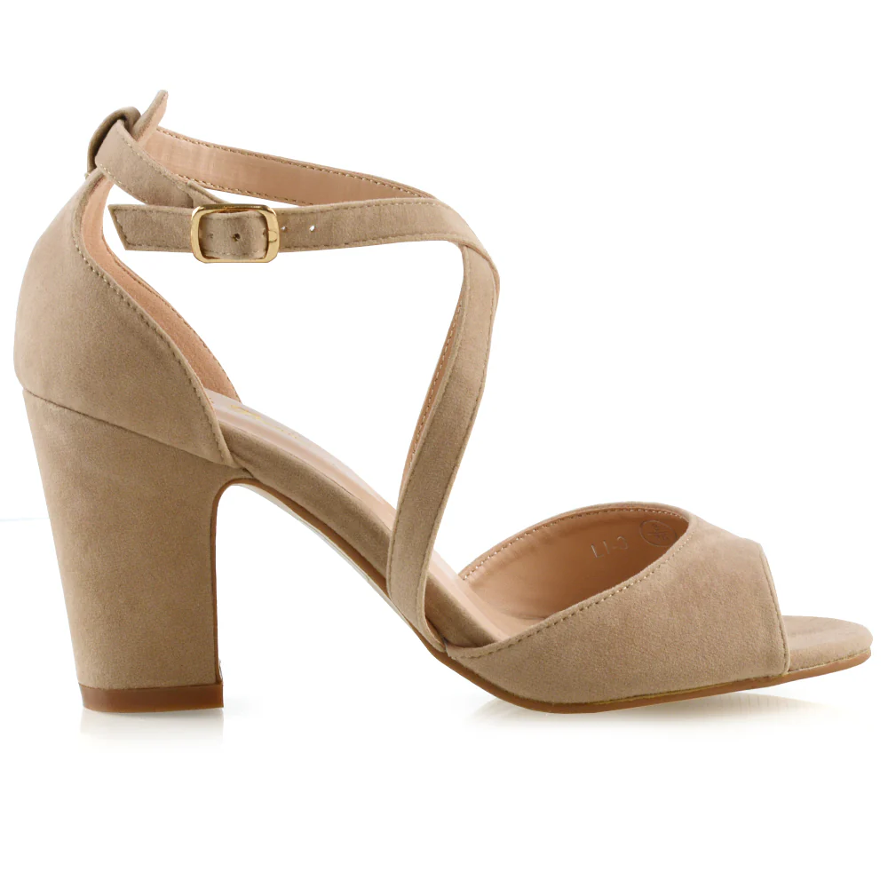 ALICE STRAPPY PEEP TOE MID BLOCK HIGH HEEL SANDAL SHOES IN NUDE FAUX SUEDE - Image 5