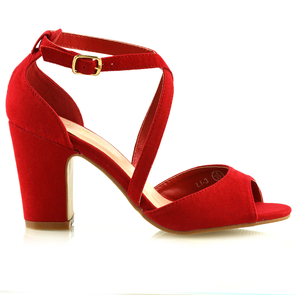 ALICE STRAPPY PEEP TOE MID BLOCK HIGH HEEL SANDAL SHOES IN RED FAUX SUEDE - Image 14