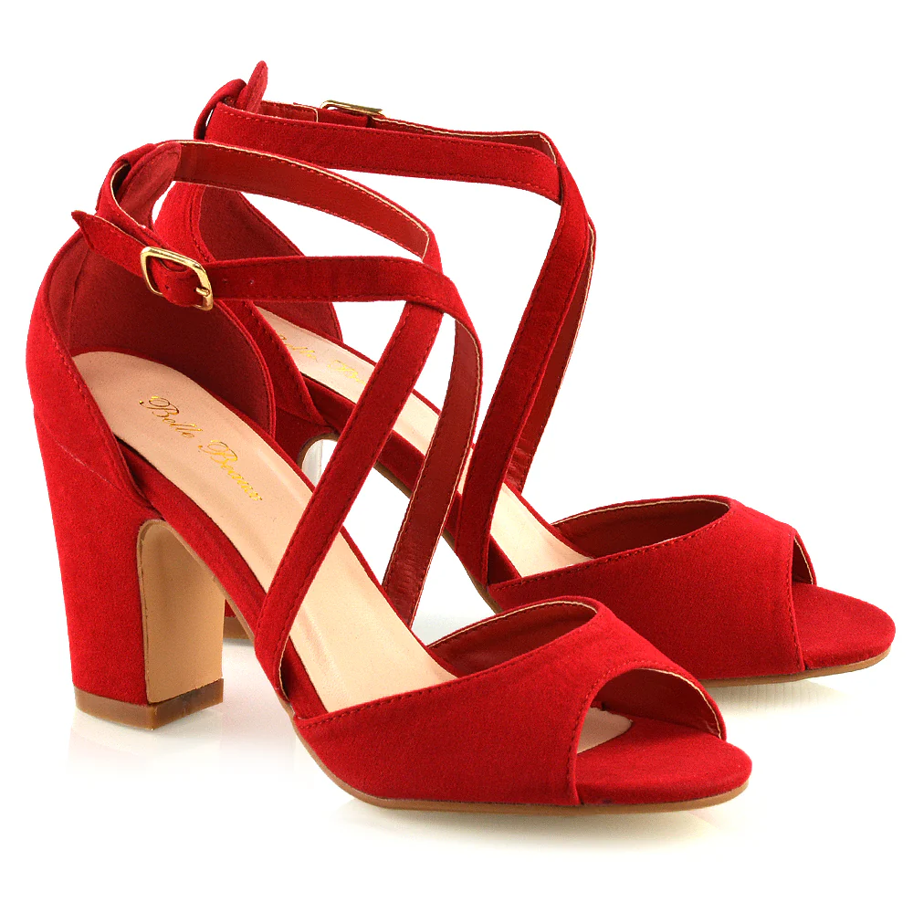 ALICE STRAPPY PEEP TOE MID BLOCK HIGH HEEL SANDAL SHOES IN RED FAUX SUEDE - Image 3