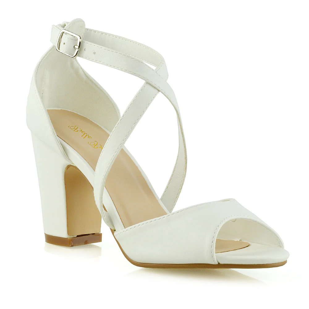 ALICE STRAPPY PEEP TOE MID BLOCK HIGH HEEL SANDAL SHOES IN WHITE SYNTHETIC LEATHER - Image 10