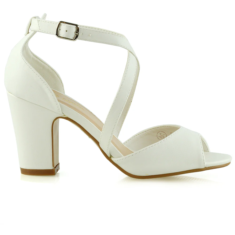 ALICE STRAPPY PEEP TOE MID BLOCK HIGH HEEL SANDAL SHOES IN WHITE SYNTHETIC LEATHER - Image 17