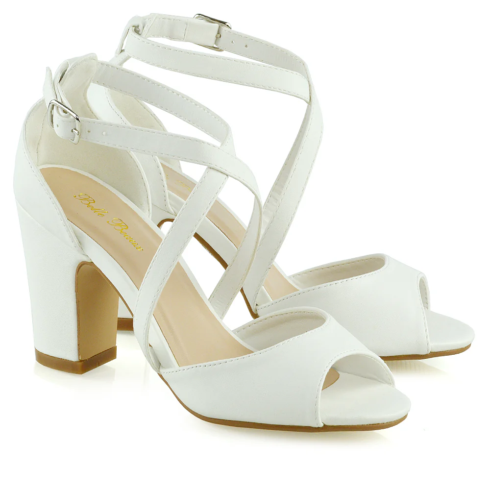 ALICE STRAPPY PEEP TOE MID BLOCK HIGH HEEL SANDAL SHOES IN WHITE SYNTHETIC LEATHER - Image 6