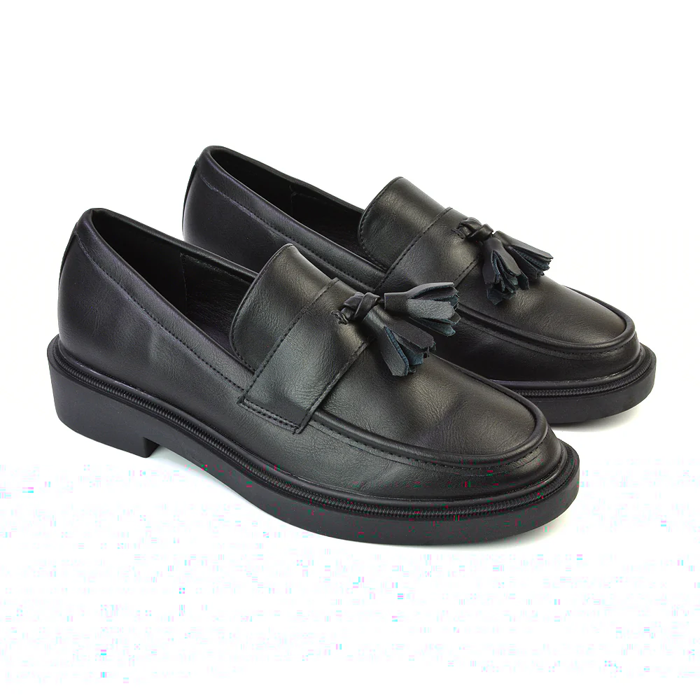 Alida Chunky Loafers Tassel Back To School Flat Shoes in Black Patent - Image 6