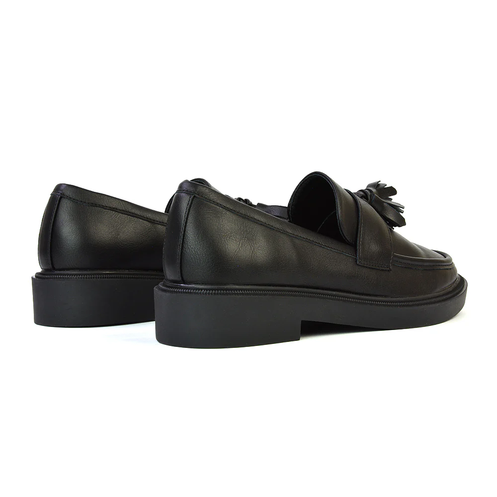 Alida Chunky Loafers Tassel Back To School Flat Shoes in Black Synthetic Leather - Image 28