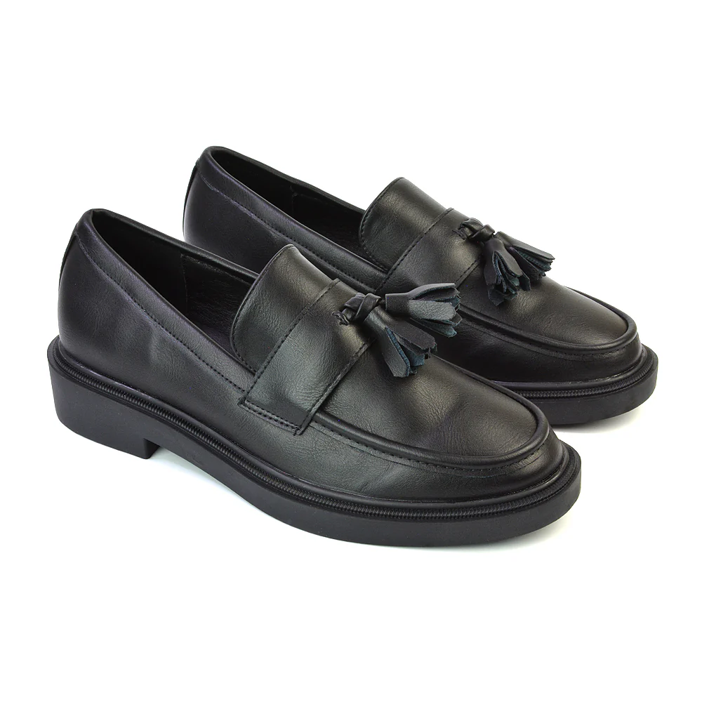 Alida Chunky Loafers Tassel Back To School Flat Shoes in Black Synthetic Leather - Image 34