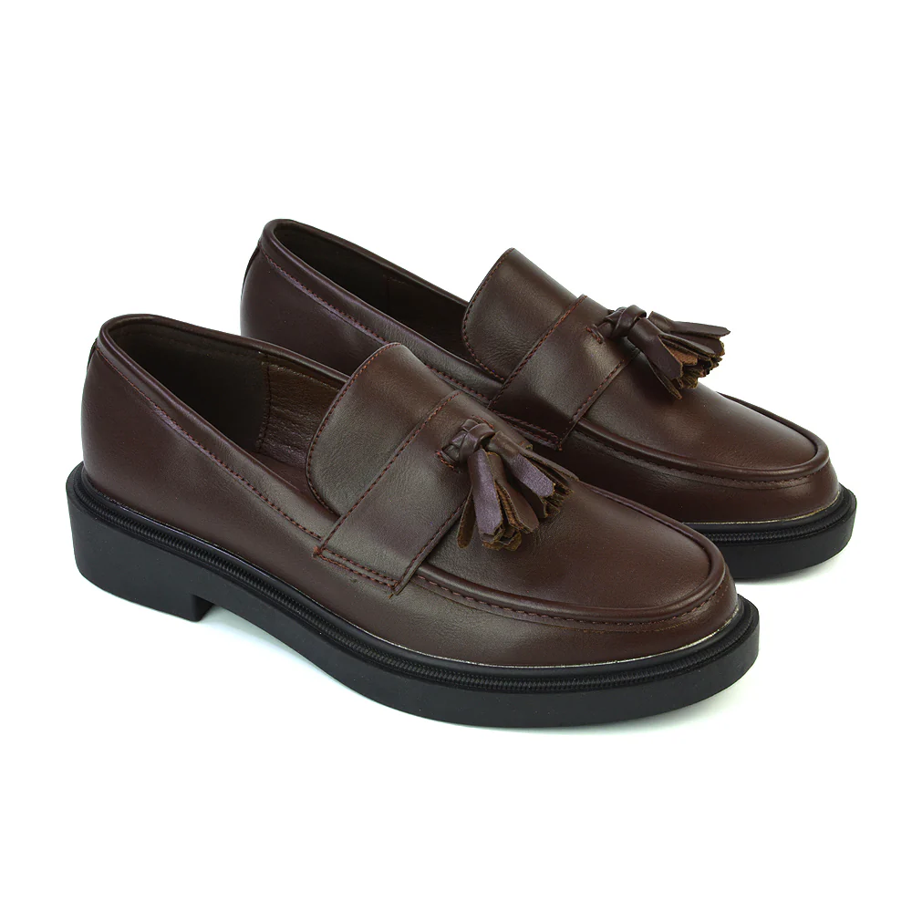 Alida Chunky Loafers Tassel Back To School Flat Shoes in Black Synthetic Leather - Image 39