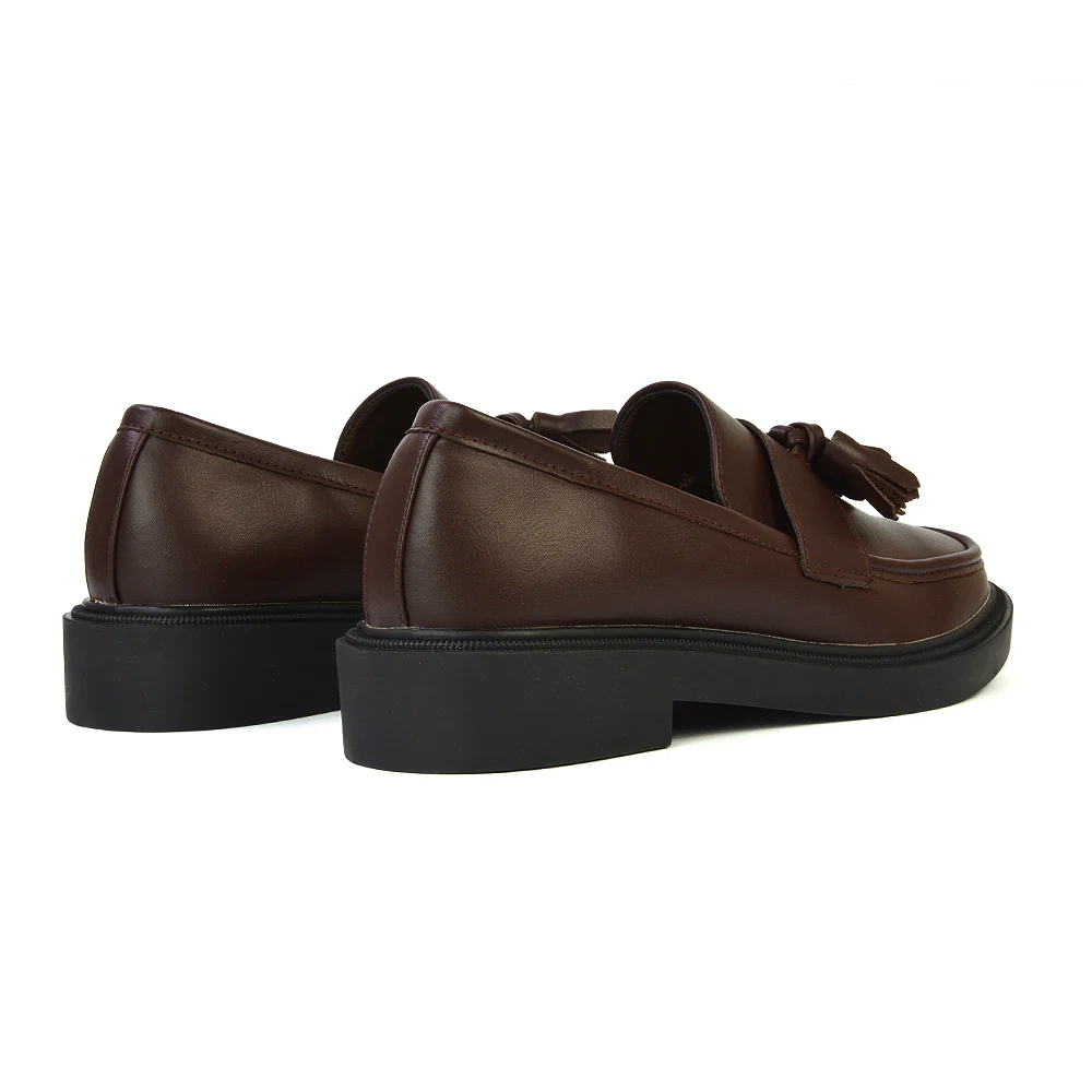 Alida Chunky Loafers Tassel Back To School Flat Shoes in Black Synthetic Leather - Image 48