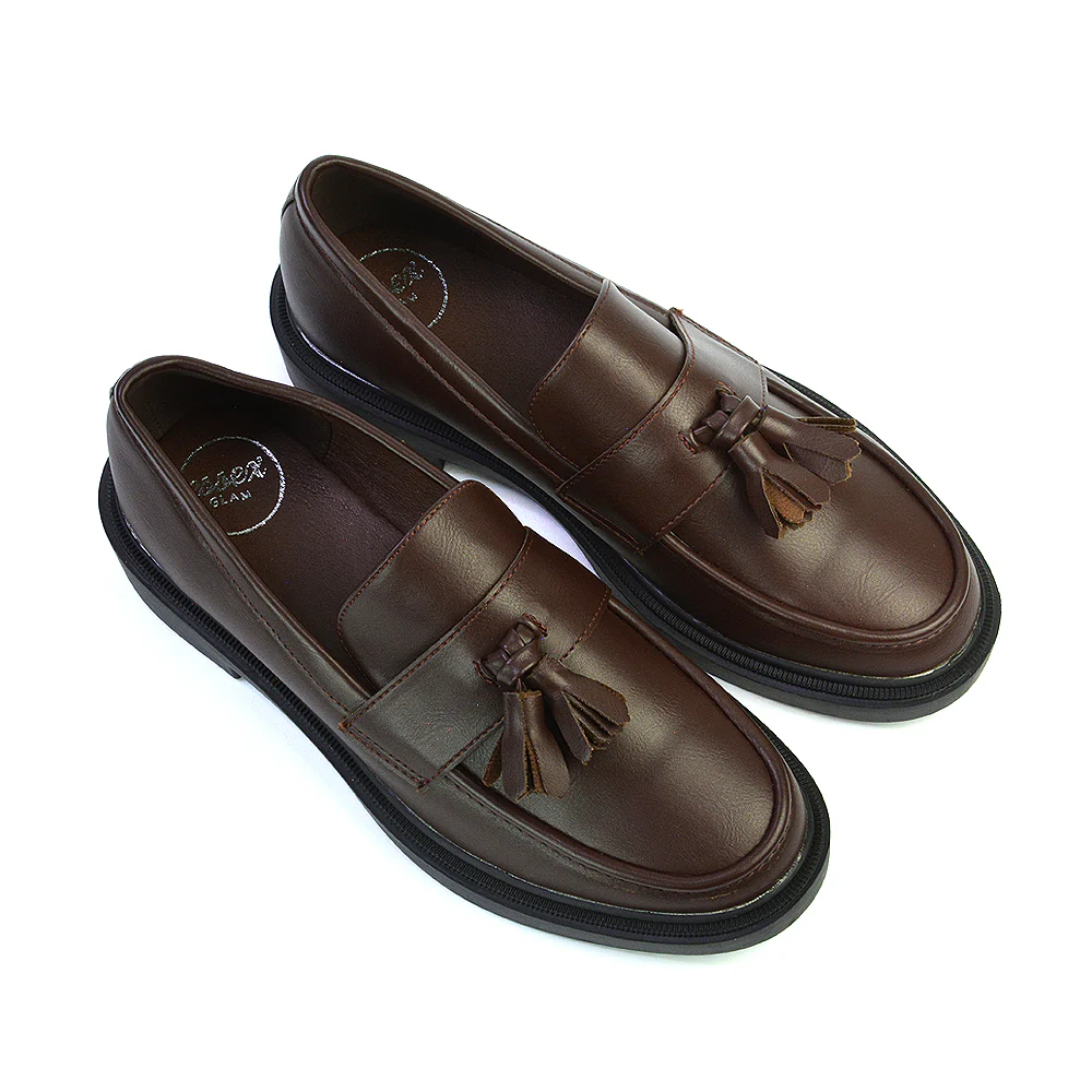 Alida Chunky Loafers Tassel Back To School Flat Shoes in Black Synthetic Leather - Image 64