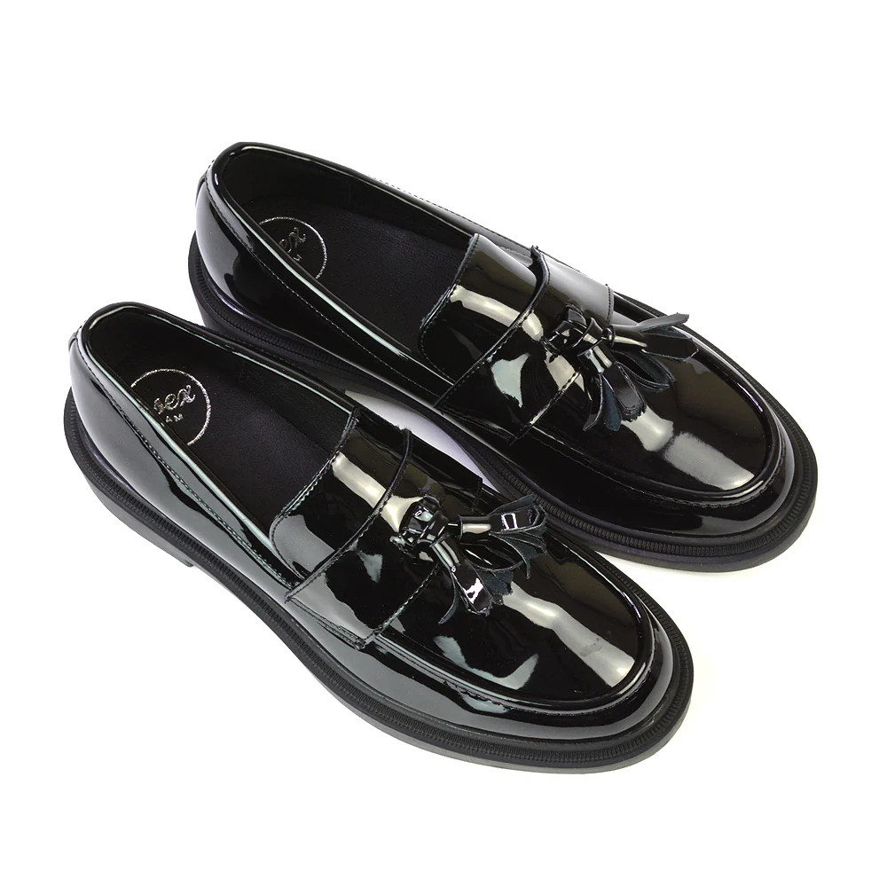 Alida Chunky Loafers Tassel Back To School Flat Shoes in Black Synthetic Leather - Image 68