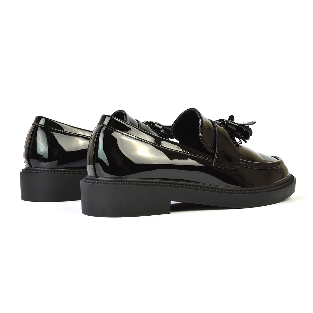 Alida Chunky Loafers Tassel Back To School Flat Shoes in Black Synthetic Leather - Image 94
