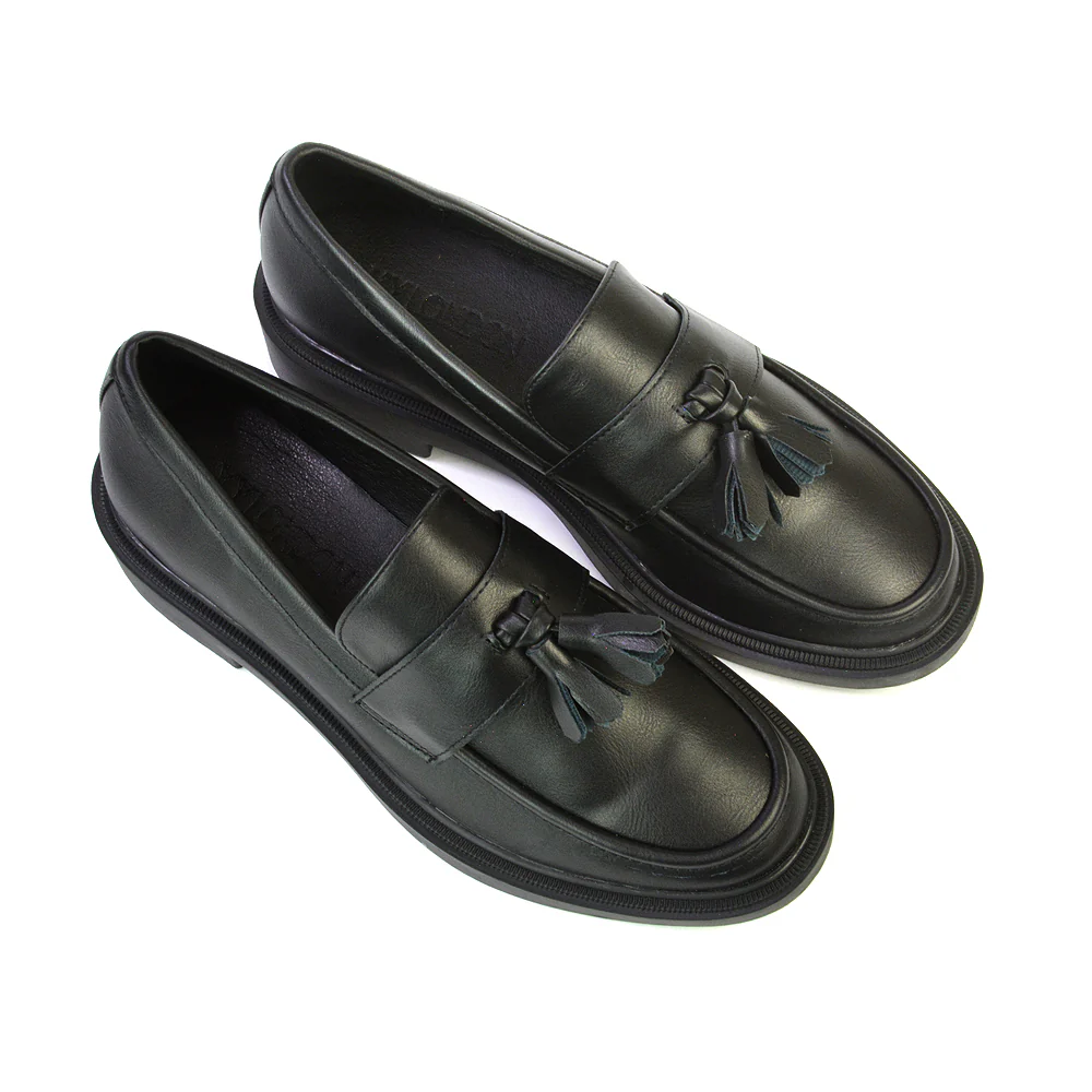 Alida Chunky Loafers Tassel Back To School Flat Shoes in Brown Synthetic Leather - Image 10
