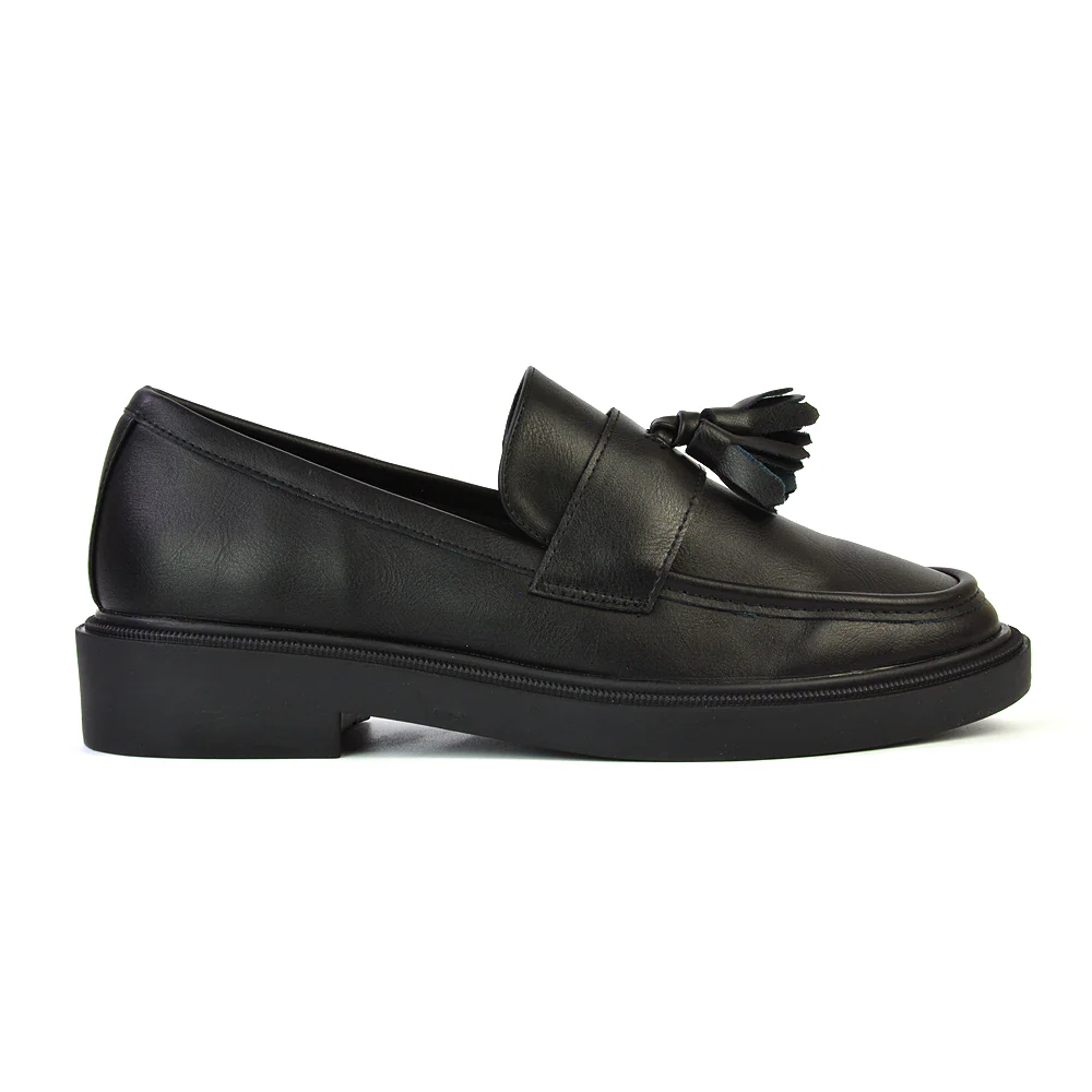 Alida Chunky Loafers Tassel Back To School Flat Shoes in Brown Synthetic Leather - Image 16