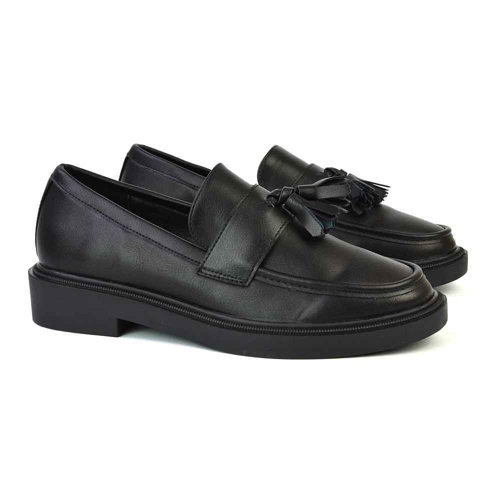 Alida Chunky Loafers Tassel Back To School Flat Shoes in Brown Synthetic Leather - Image 36