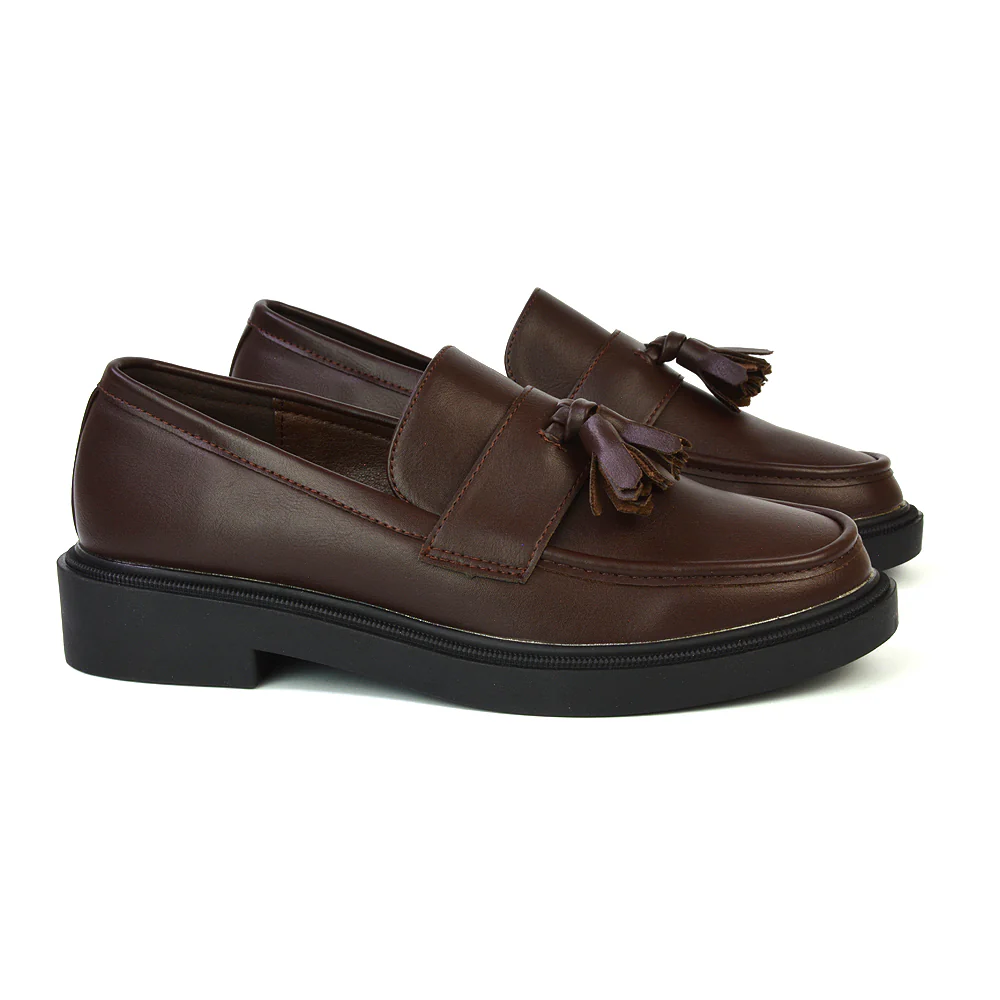 Alida Chunky Loafers Tassel Back To School Flat Shoes in Brown Synthetic Leather - Image 51