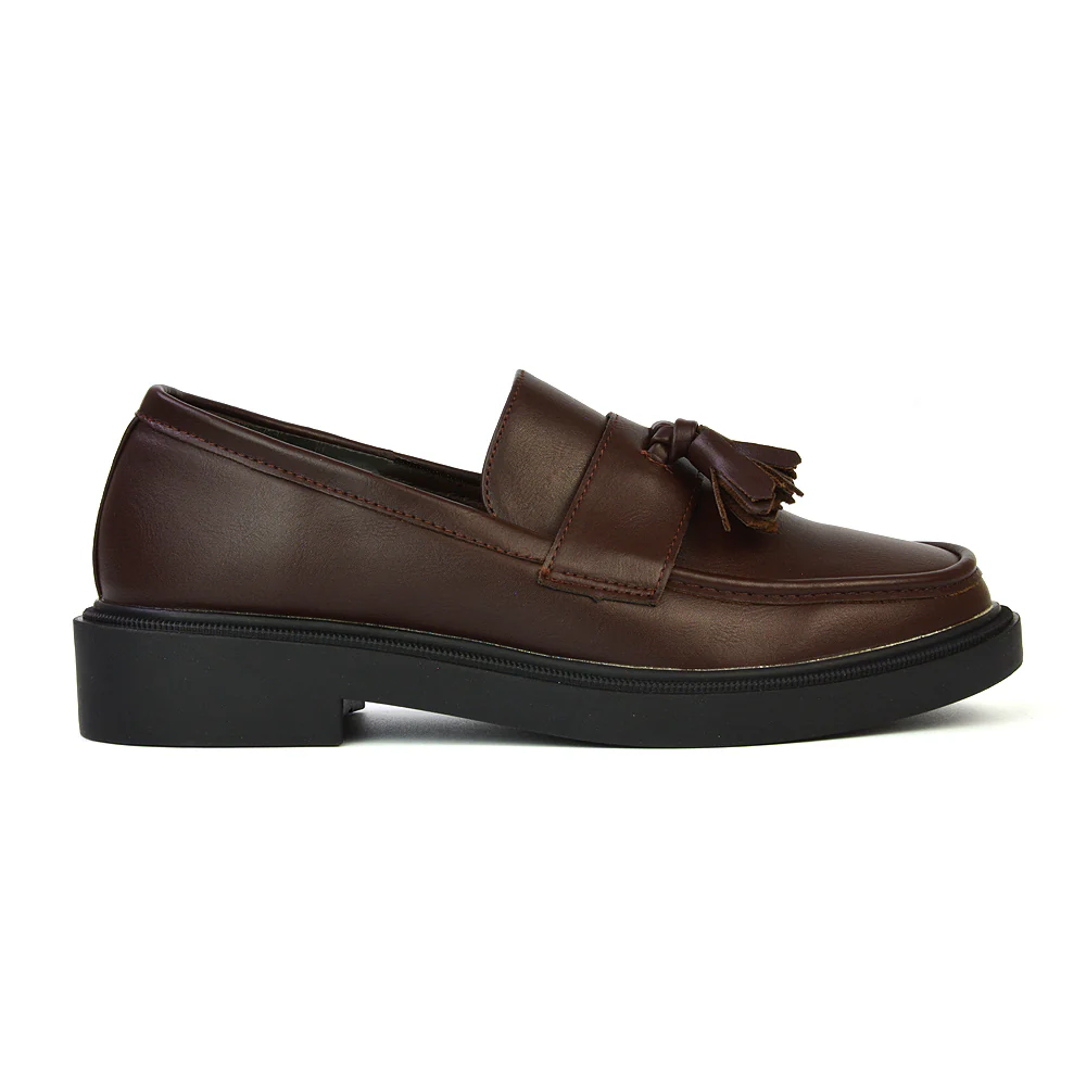 Alida Chunky Loafers Tassel Back To School Flat Shoes in Brown Synthetic Leather - Image 64