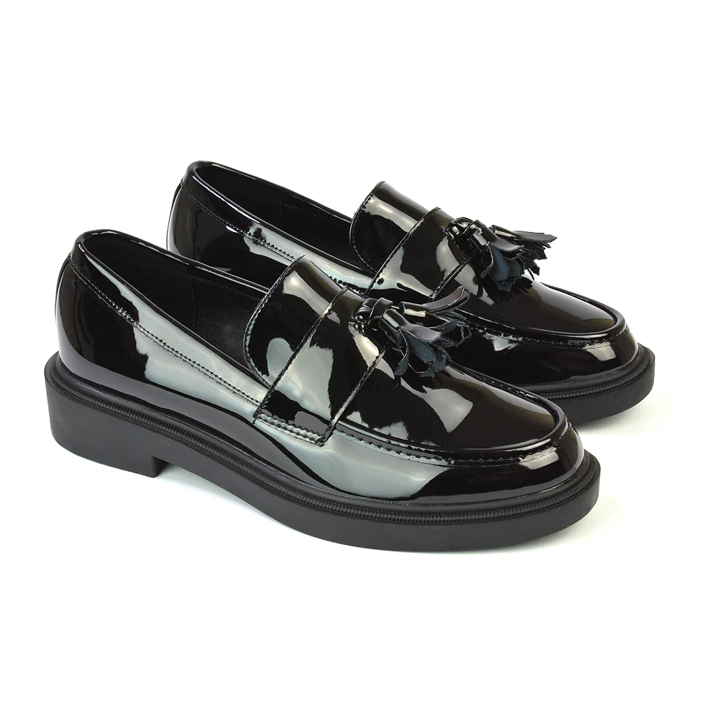 Alida Chunky Loafers Tassel Back To School Flat Shoes in Brown Synthetic Leather - Image 83