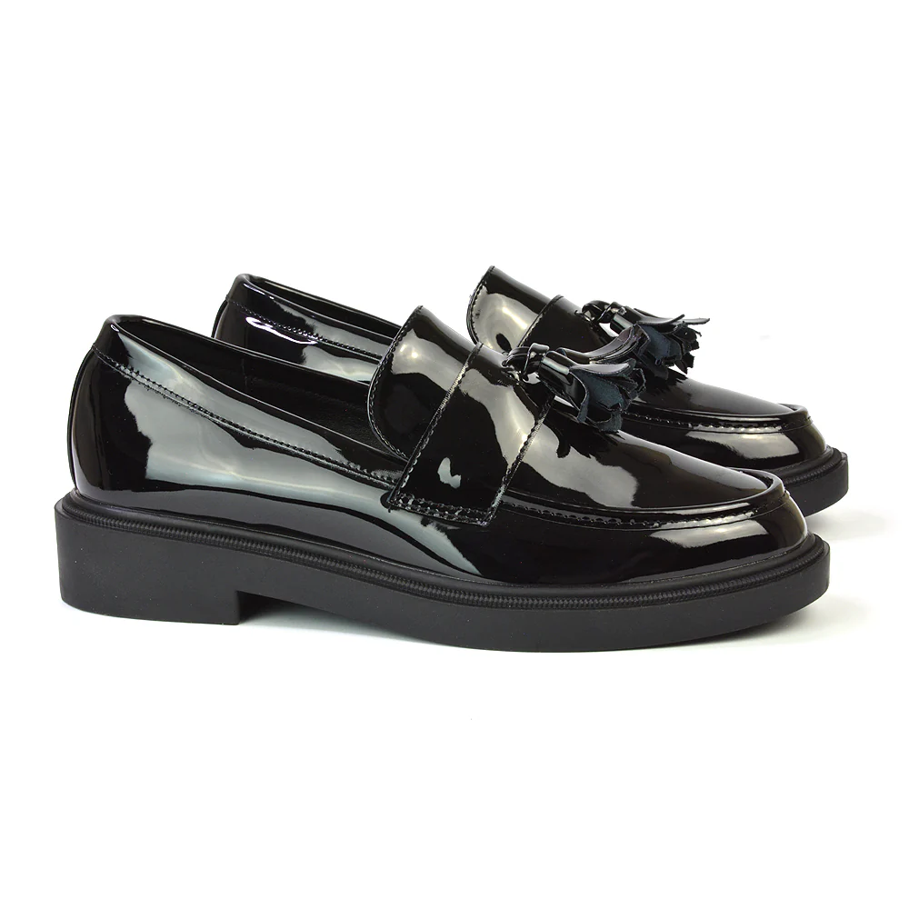 Alida Chunky Loafers Tassel Back To School Flat Shoes in Brown Synthetic Leather - Image 84
