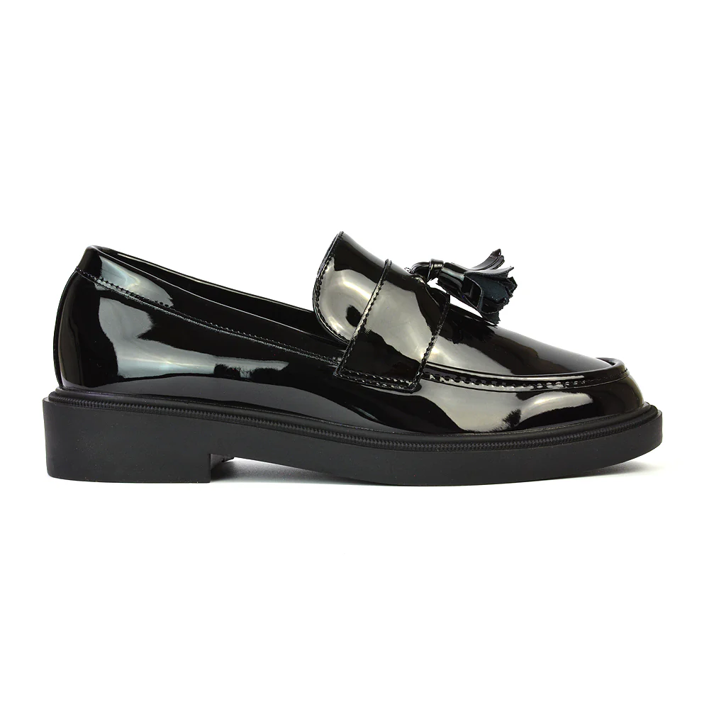 Alida Chunky Loafers Tassel Back To School Flat Shoes in Brown Synthetic Leather - Image 85
